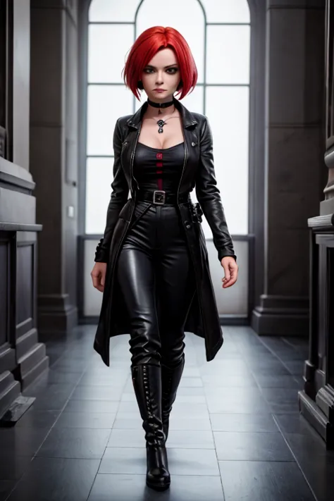 1 garota,38 anos de idade , red hair , black bell-bottom pants, leather jumpduit black,black boots, gothic makeup, recorte decot...