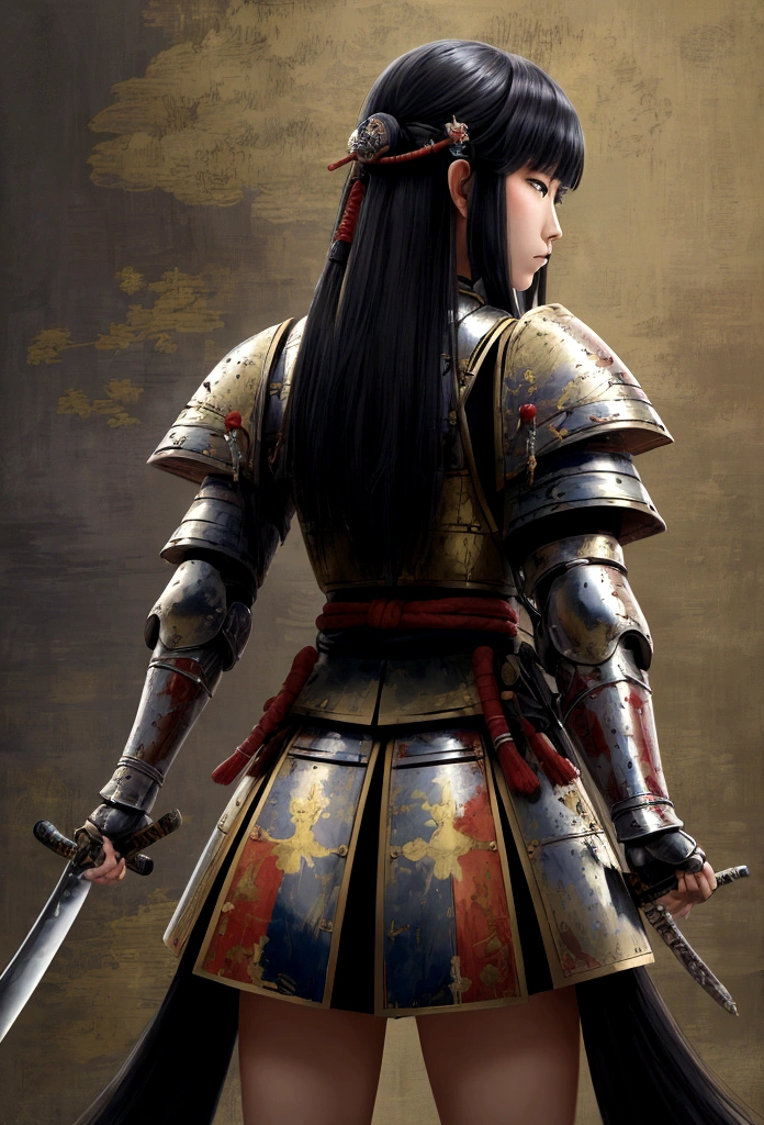 une photo d&#39;une femme chevalier japonaise, Elle a de longs cheveux noirs, porter une armure de samouraï, armé d&#39;un katana, prêt pour la bataille, ((photo prise de dos)), Art fantastique japonais, (chef-d&#39;œuvre: 1.5), 16k, haute résolution, Meilleure qualité, détails élevés, ultra détaillé, chef-d&#39;œuvre, Meilleure qualité, (extrêmement détaillé), arafé, art du mdn, JaponaisKatana