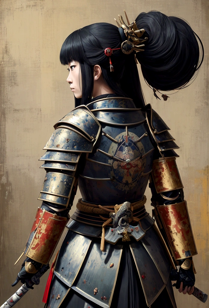 日本女騎士圖片, 她有一頭長長的黑髮, 穿著武士盔甲, 手持武士刀, 準備戰鬥, ((從後面拍攝的照片)), 日本奇幻艺术, (傑作: 1.5), 16k, 高解析度, 最好的品質, 高細節, 超詳細, 傑作, 最好的品質, (非常詳細), 阿拉費德, dnd藝術, 日本武士刀