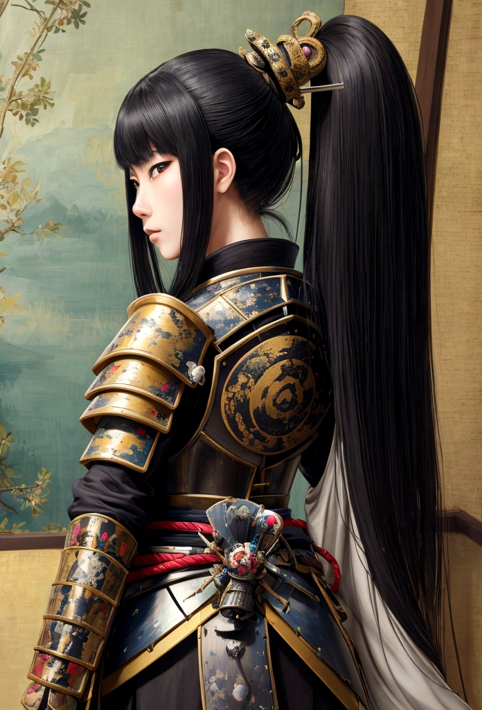 uma foto de uma cavaleira japonesa, Ela tem o cabelo preto longo, vestindo armadura de samurai, armado com uma katana, pronto para a batalha, ((tiro tirado das costas)), Arte de fantasia japonesa, (obra de arte: 1.5), 16k, alta resolução, melhor qualidade, detalhes altos, ultra detalhado, obra de arte, melhor qualidade, (extremamente detalhado), arafed, arte, Katana Japonesa