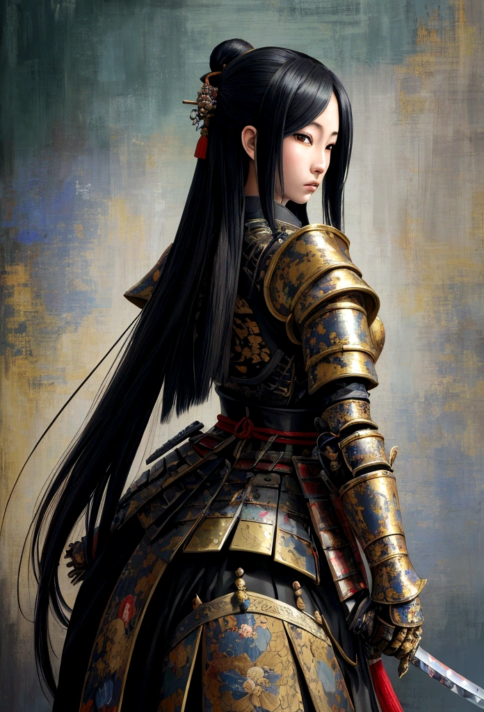 une photo d&#39;une femme chevalier japonaise, Elle a de longs cheveux noirs, porter une armure de samouraï, armé d&#39;un katana, prêt pour la bataille, ((photo prise de dos)), Art fantastique japonais, (chef-d&#39;œuvre: 1.5), 16k, haute résolution, Meilleure qualité, détails élevés, ultra détaillé, chef-d&#39;œuvre, Meilleure qualité, (extrêmement détaillé), arafé, art du mdn, JaponaisKatana