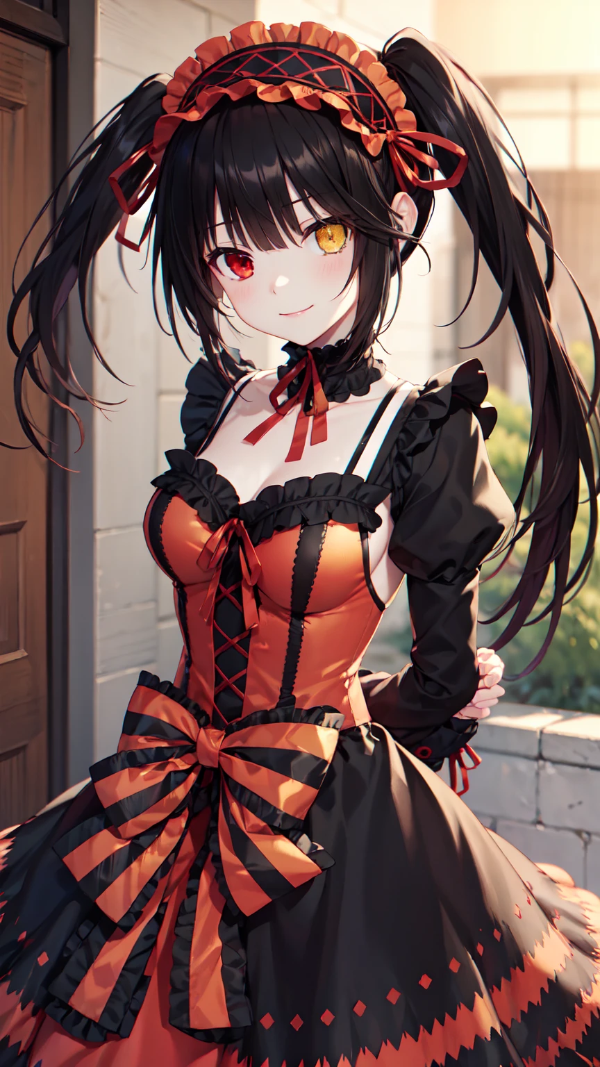 masterpiece, The best quality、street、Put your arms behind your back、Black Hair, Long twin tails bunches, (Yellow eyes:1.2), Heterochromia iridum, (Red Eyes:1.2),Tokisaki Kurumi、Smile,Gothic Lolita Clothing Accessories、victorian maid tiara、Black Ribbon、Shut up、Gothic Lolita Clothing Accessories