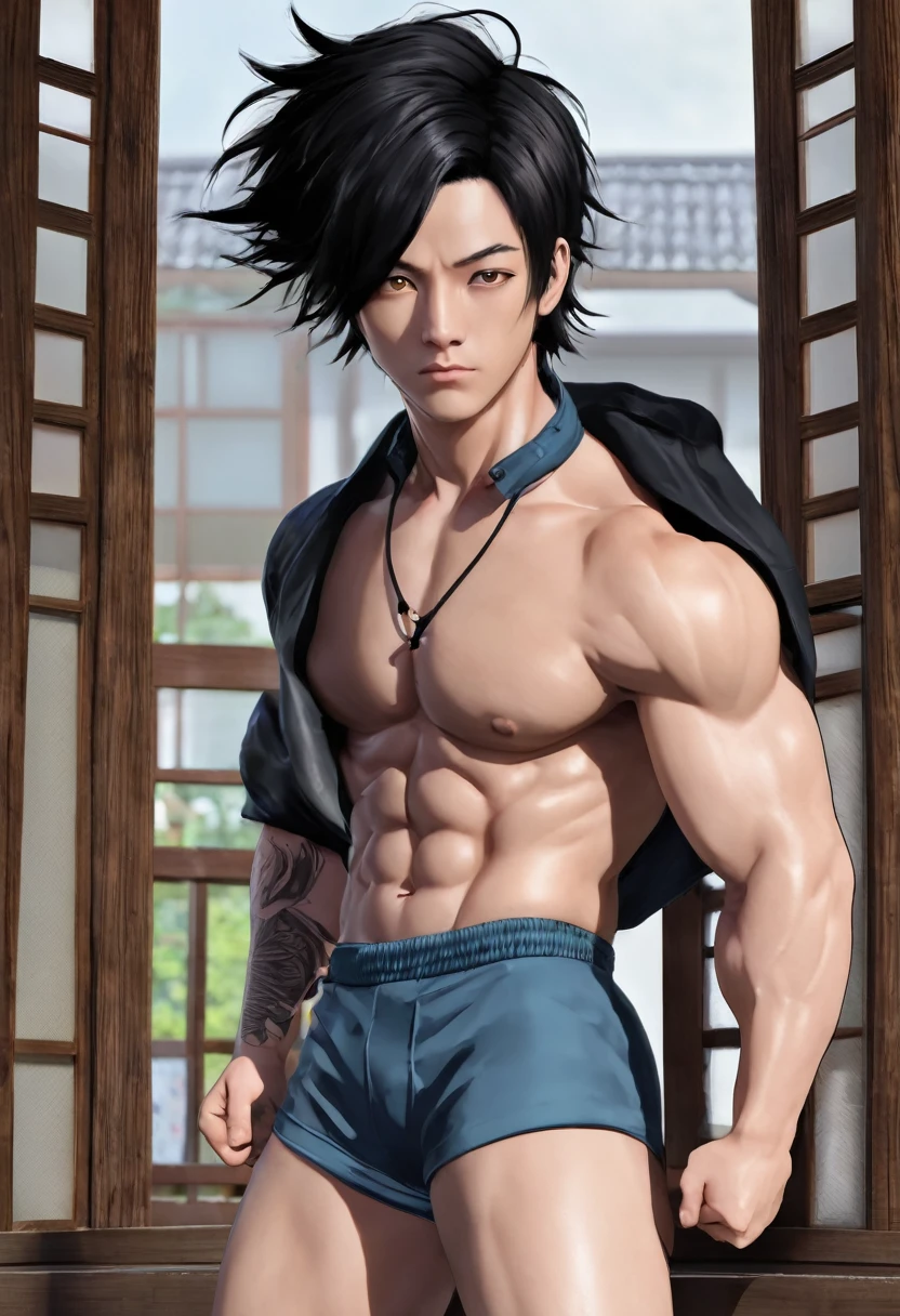 Japanese boy Satoru gojo style, de roupa preta, cabelo preto liso, pelo realista, adulto, olhos azuis , Muscles.