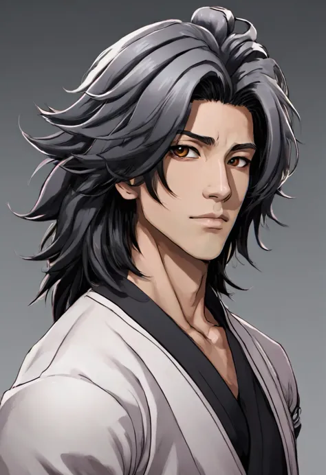 japanese boy satoru gojo style, de roupa preta, cabelo preto liso, pelo realista, adulto, olhos azuis , muscles.