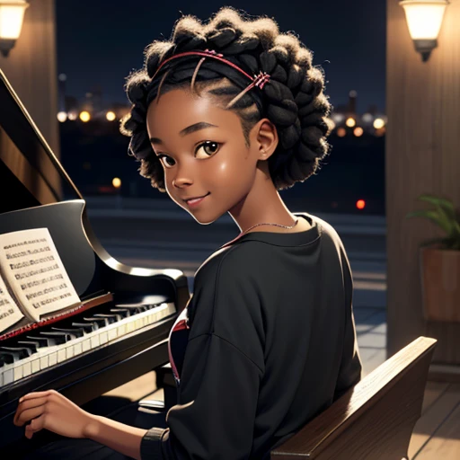 masterpiece, best quality), deep ebony 1girl, beautiful face, short Afro braids , cute, , beautify, Lofi vibe,, cute night vibe, concentrated, hands outside of the picture, Christian ,church vibe , smart clothing, cute look, clothing is dry and baggy, small breasts, teen vibe, cute smile, sat playing piano, picture seen from her back, piano