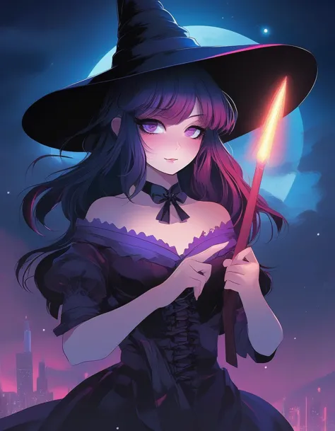 (detailed anime eyes, detailed pupils), a [cute|amazing] anime [woman|girl] twiggy dressed as a witch at night, vibrant colors, ...