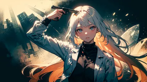 (g2h, Put a gun to your head, Pistol, Possession of a gun:1.5), One girl, 
Good details, (Glowing background),
, masterpiece, hi...