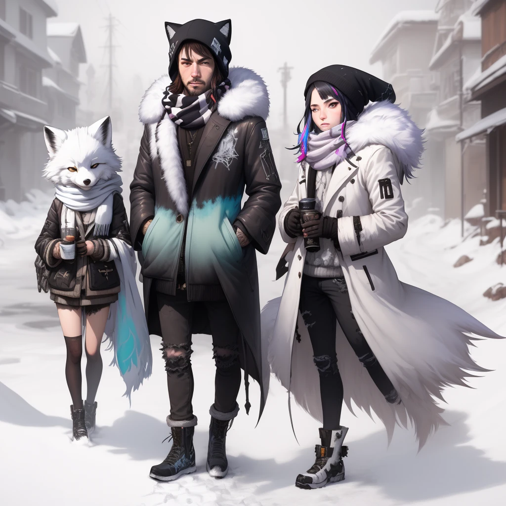 Stil-Nebmagic, Porträt von Ismail Inceoglu, Gazelli, James Jean, Anton Fadeev und Yoshitaka Amano, ein flauschiger süßer Polarfuchs mit einem Style-SylvaMagic-Schal im Schnee, Sehr detailiert, 8K-Auflösung, digital art, Trends auf ArtStation, lebendige Farben, Chibi-Stil, Meisterwerk, bezaubernd freundlich schön