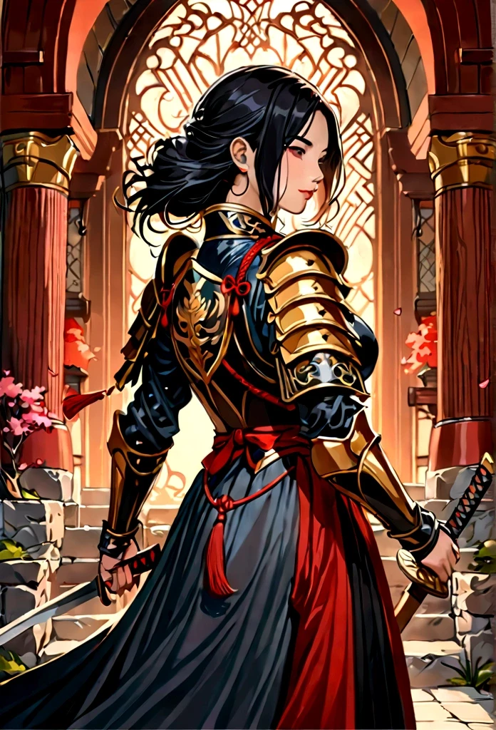 a picture of Japanese female knight, she has long black hair, wearing samurai armor, armed with a katana, ready for battle, ((shot taken from the back)), Japanese fantasy art, (Masterpiece: 1.5), 16k, highres, best quality, high details, ultra detailed, masterpiece, best quality, (extremely detailed), arafed, dnd art, JapaneseKatana