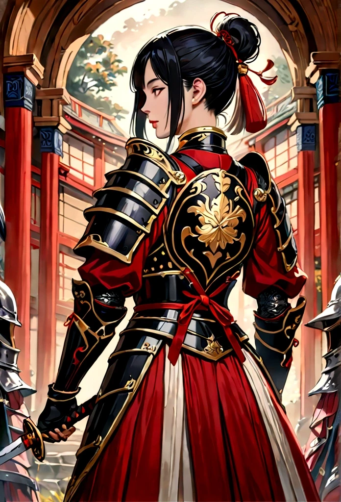 uma foto de uma cavaleira japonesa, Ela tem o cabelo preto longo, vestindo armadura de samurai, armado com uma katana, pronto para a batalha, ((tiro tirado das costas)), Arte de fantasia japonesa, (obra de arte: 1.5), 16k, alta resolução, melhor qualidade, detalhes altos, ultra detalhado, obra de arte, melhor qualidade, (extremamente detalhado), arafed, arte, Katana Japonesa