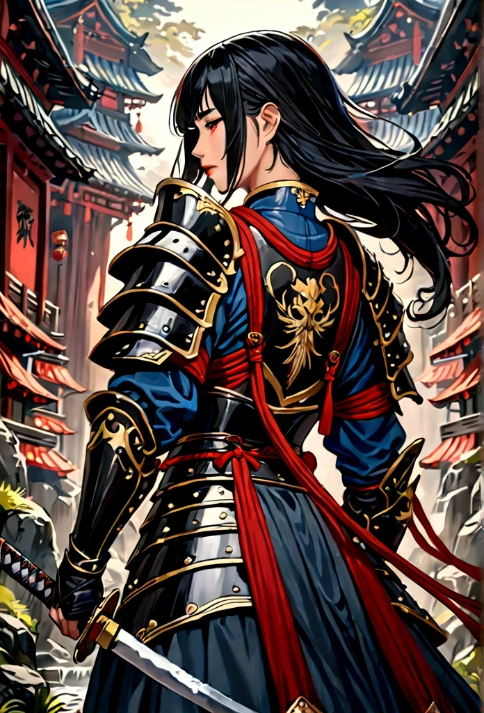 una imagen de una caballero japonesa, ella tiene el pelo largo y negro, usando armadura samurái, armado con una katana, preparado para la batalla, ((disparo tomado desde atrás)), arte de fantasía japonés, (obra maestra: 1.5), 16k, alta resolución, mejor calidad, detalles altos, ultra detallado, obra maestra, mejor calidad, (extremadamente detallado), arafa, dnd arte, JaponésKatana