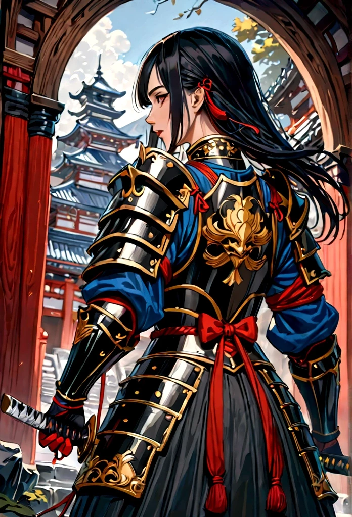 une photo d&#39;une femme chevalier japonaise, Elle a de longs cheveux noirs, porter une armure de samouraï, armé d&#39;un katana, prêt pour la bataille, ((photo prise de dos)), Art fantastique japonais, (chef-d&#39;œuvre: 1.5), 16k, haute résolution, Meilleure qualité, détails élevés, ultra détaillé, chef-d&#39;œuvre, Meilleure qualité, (extrêmement détaillé), arafé, art du mdn, JaponaisKatana