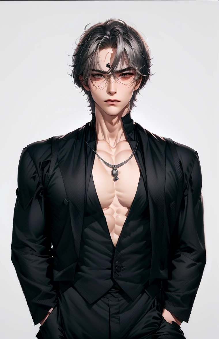 (masterpiece,best quality,ultra_detailed,highres,absurdres),1boy, solo, white hair,chain, shirt, grey eyes, upper body, vest, short hair, looking at viewer, round eyewear, long sleeves, neck tattoo, hand on own shoulder,  brown vest, monocle, jewelry (looking  away:1.2)