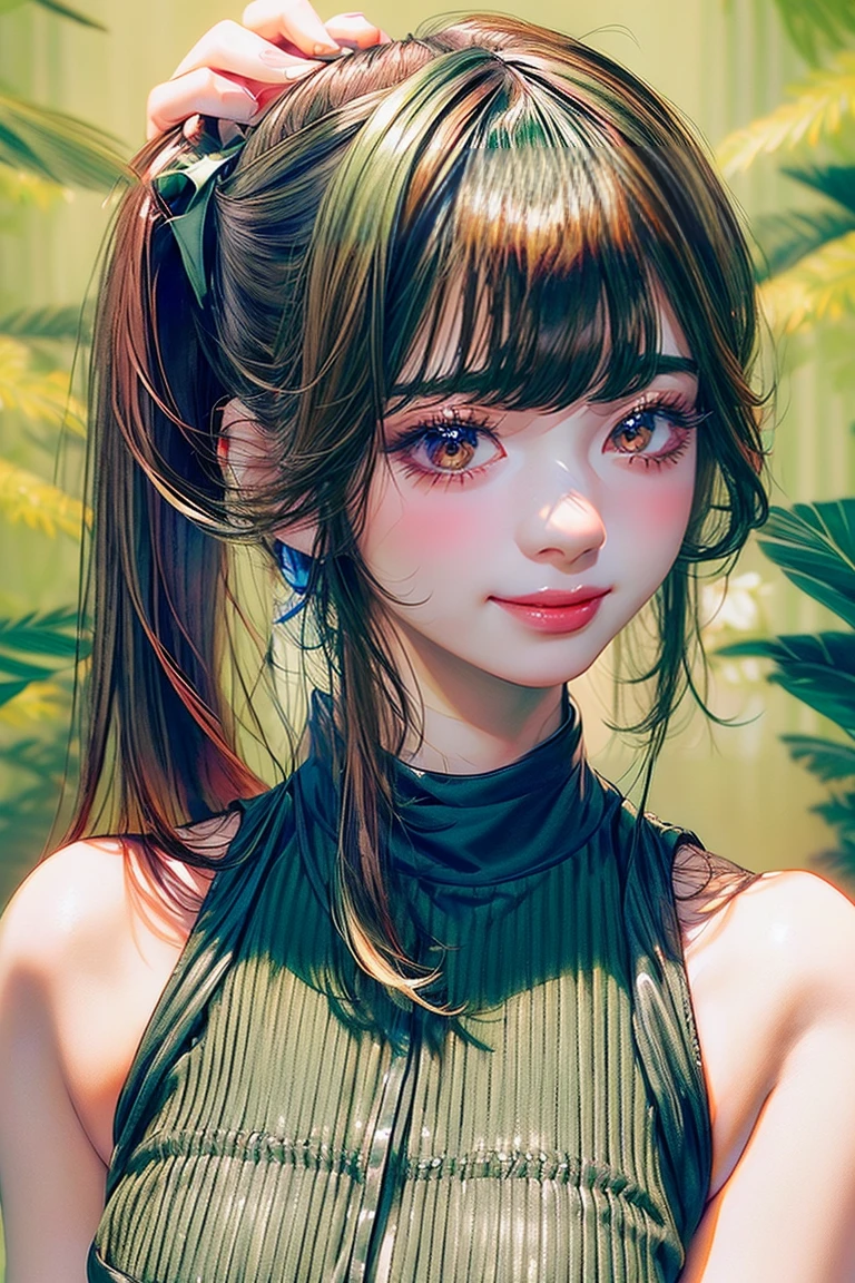 ((Classic blunt bangs:1.1)),Blunt Bangs Hairstyles, blunt bangs round face, Blunt bangs korean, aesthetic korean bangs,  Blunt Cut Bangs Straight Long Hair,((High Ponytail:1.5)),(((Blunt bangs,Straight bangs:1.1))),(((Very long dark green hair, Ridiculously long dark green hair:1.1))) snake tattoo wrapped around right arm, sexy halter top, brown shorts, face like natty