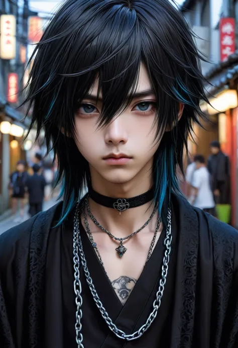 Japanese boy gothic style, de roupa preta, cabelo preto liso, pelo realista, adulto, olhos azuis, chains on the neck, andando na...