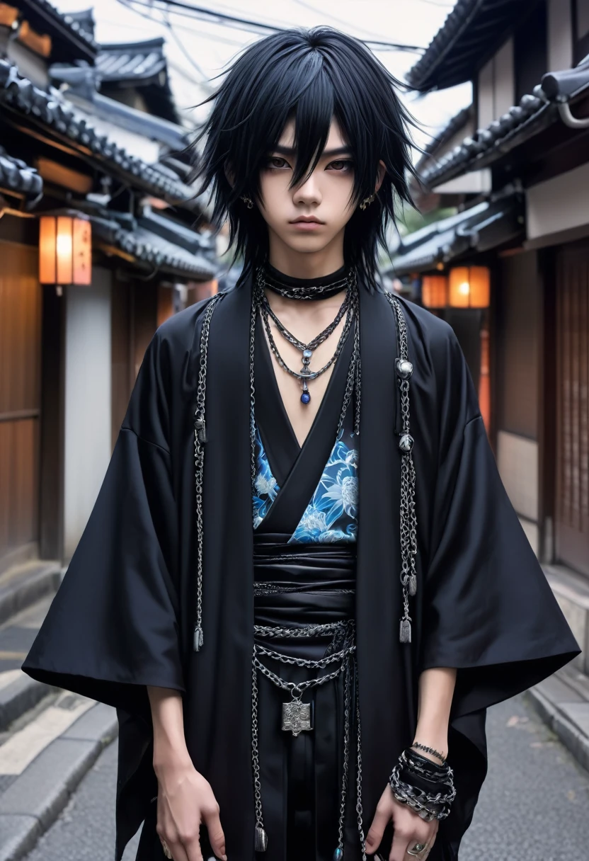 Estilo gótico do menino japonês, de roupa preta, cabelo preto liso, pelo realista, adulto, olhos azuis, correntes no pescoço, andando na rua 