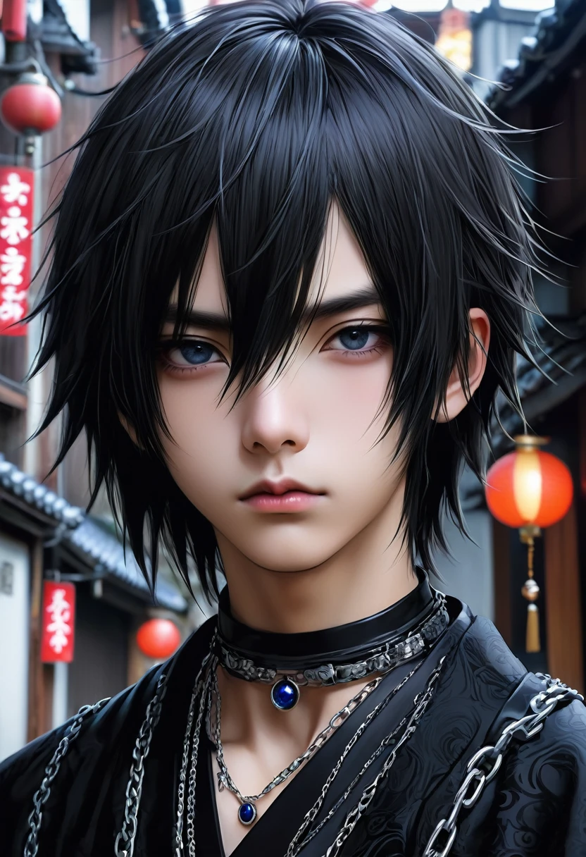 Japanese boy gothic style, de roupa preta, cabelo preto liso, pelo realista, adulto, olhos azuis, chains on the neck, andando na rua 