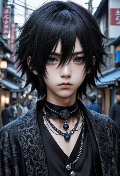 Japanese boy gothic style, de roupa preta, cabelo preto liso, pelo realista, adulto, olhos azuis, chains on the neck, andando na...