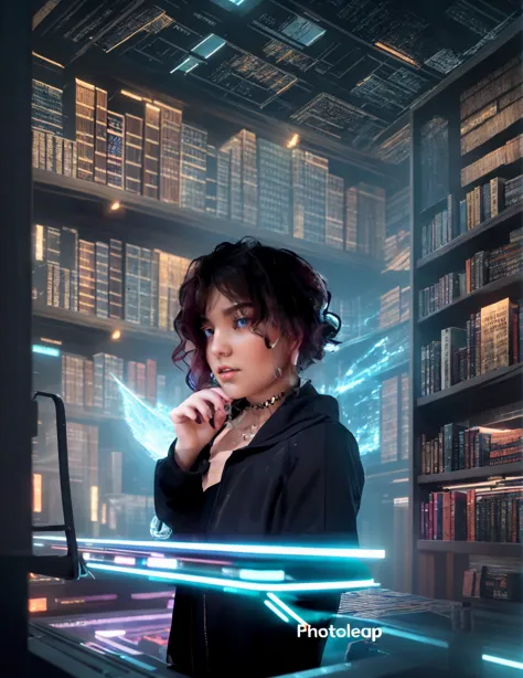 Classic large library with futuristic technological elements and neon lights in a setup cyberpunk in front of girl The reflectiv...