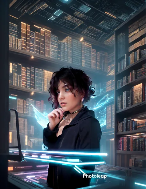 Classic large library with futuristic technological elements and neon lights in a setup cyberpunk in front of girl The reflectiv...