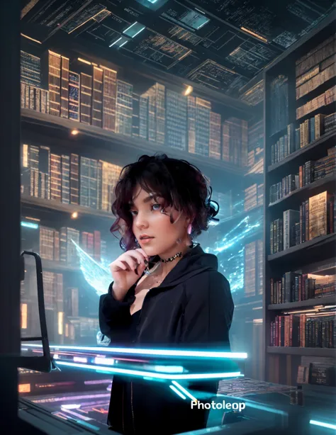 Classic large library with futuristic technological elements and neon lights in a setup cyberpunk in front of girl The reflectiv...