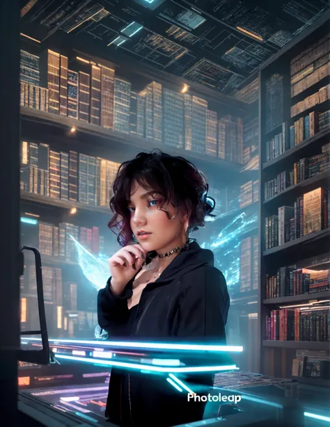 Classic large library with futuristic technological elements and neon lights in a setup cyberpunk in front of girl The reflectiv...