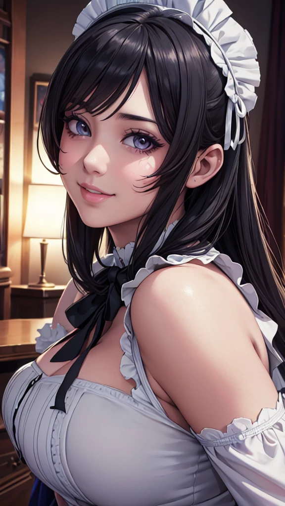 NFSW, Beautiful detailed portrait of a girl with big eyes, Fuller lips, Smiling Kindly, Long eyelashes,  Maid clothesを着て, tihn fabric clothing, In sensual poses, (highest quality,4K,8k,High resolution,masterpiece:1.2),Super detailed,(Realistic,photoRealistic,photo-Realistic:1.37),Highly detailed face, Maid clothes, Intricate details, Vibrant colors, Dramatic lighting, Structure of the film, Anime-inspired art style