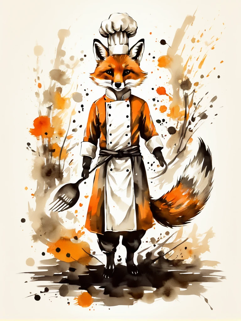 Vector Art, Colorful illustration with a fox cuadrúpedo wearing a chef&#39;s hat., en el centro, colores vibrantes，arte grafiti，salpicadura de tinta，salvaje y desenfrenado，rico y colorido，impacto visual,Super detailed modern aesthetic.,
