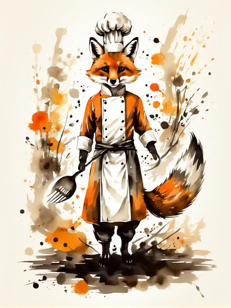 vector art, colorful illustration with a fox cuadrúpedo wearing a chef&#39;s hat., en el centro, colores vibrantes，arte grafiti，...