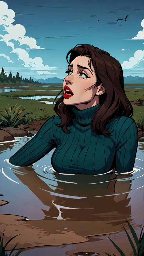 (vector:1.2), woman, gloomy orgasm, turtleneck and jeans, drowning in the middle of quicksand bog, green,red,sky, red lips, turn...