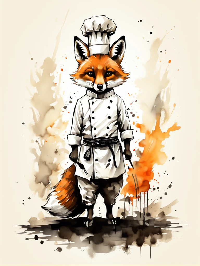 Vector Art, Colorful illustration with a quadruped fox wearing a chef.&#39;sombrero., en el centro, colores vibrantes，arte grafiti，salpicadura de tinta，salvaje y desenfrenado，rico y colorido，impacto visual,Super detailed modern aesthetic..,
