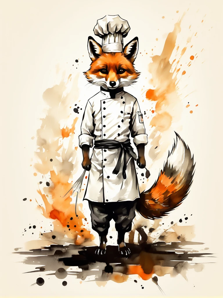 Vector Art, Colorful illustration with a quadruped fox wearing a chef.&#39;sombrero., en el centro, colores vibrantes，arte grafiti，salpicadura de tinta，salvaje y desenfrenado，rico y colorido，impacto visual,Super detailed modern aesthetic..,
