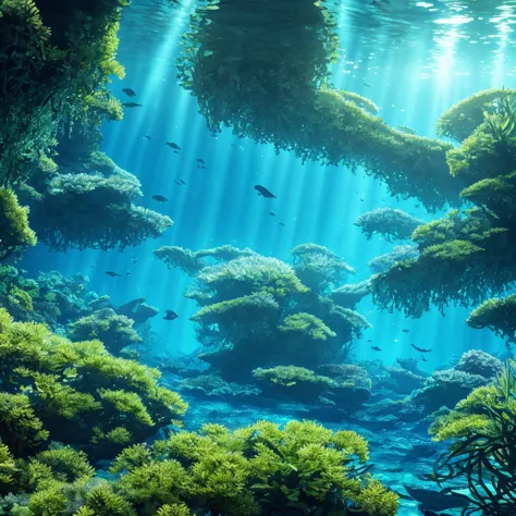 a dark underwater ocean scene, detailed 3d rendering, bioluminescent creatures, dark kelp forest, sunlight filtering through the...