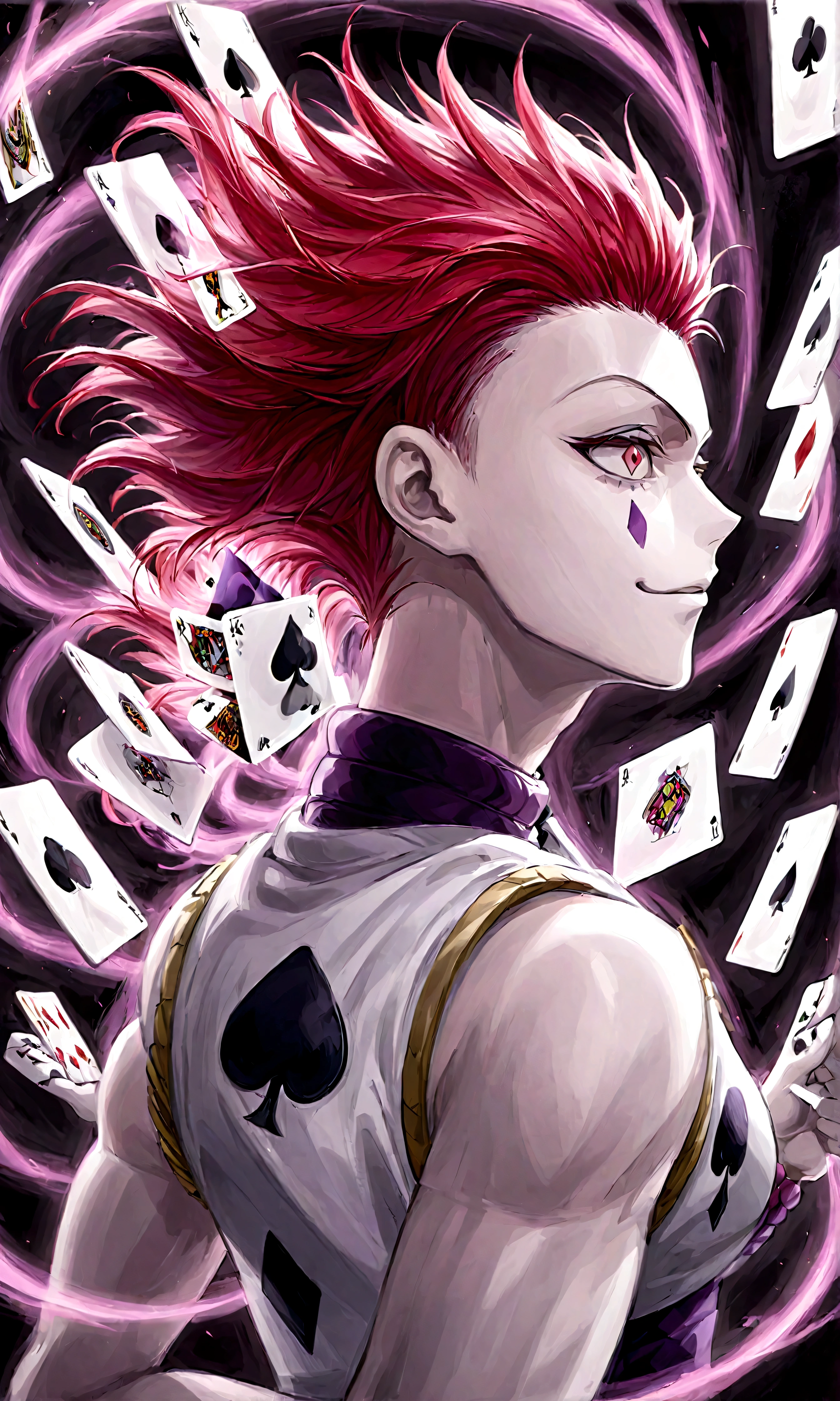 Hisoka/(HunterxHunter/), Face painting, playing cards around Hisoka, (flying playing cards:1.1), swirling playing cards, (from side:1.1), looking at camera, (Hisoka's aura becomes artistic background:1.1)