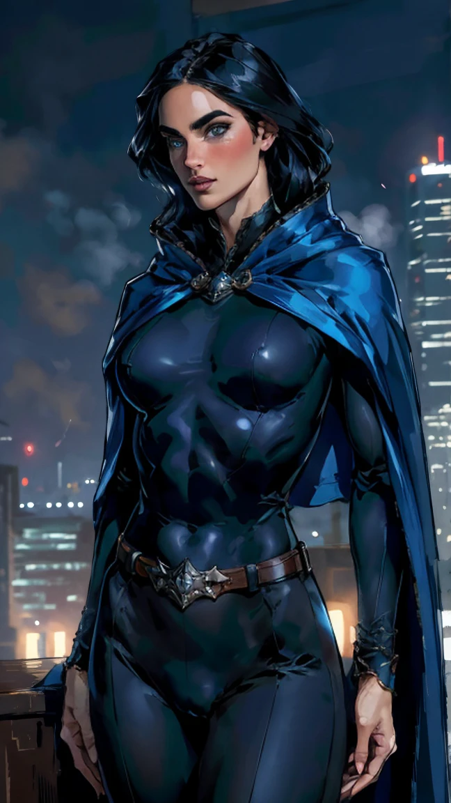 obra maestra, Jennifer Connelly, tiro de vaquero, raventt, wearing a sexy raventt navy-blue cloak, leotardo negro, broche, cinturón, usando gorra, ojos perfectos y detallados, sonrisa delicada en tu cara, en lo alto de un loft en la ciudad de Los Ángeles por la noche con edificios y luces al fondo aportando un aire elegante y moderno a la escena.