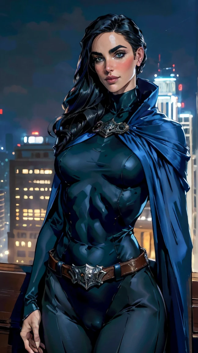 obra maestra, Jennifer Connelly, tiro de vaquero, raventt, wearing a sexy raventt navy-blue cloak, leotardo negro, broche, cinturón, usando gorra, ojos perfectos y detallados, sonrisa delicada en tu cara, en lo alto de un loft en la ciudad de Los Ángeles por la noche con edificios y luces al fondo aportando un aire elegante y moderno a la escena.