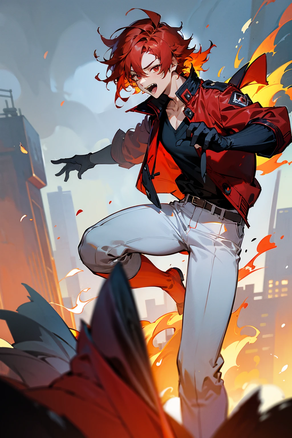 1male, flaming hair, red hair, red eyes, excited expression, wolf cut hair, black undershirt, red jacket, white pants, city background, detailed background