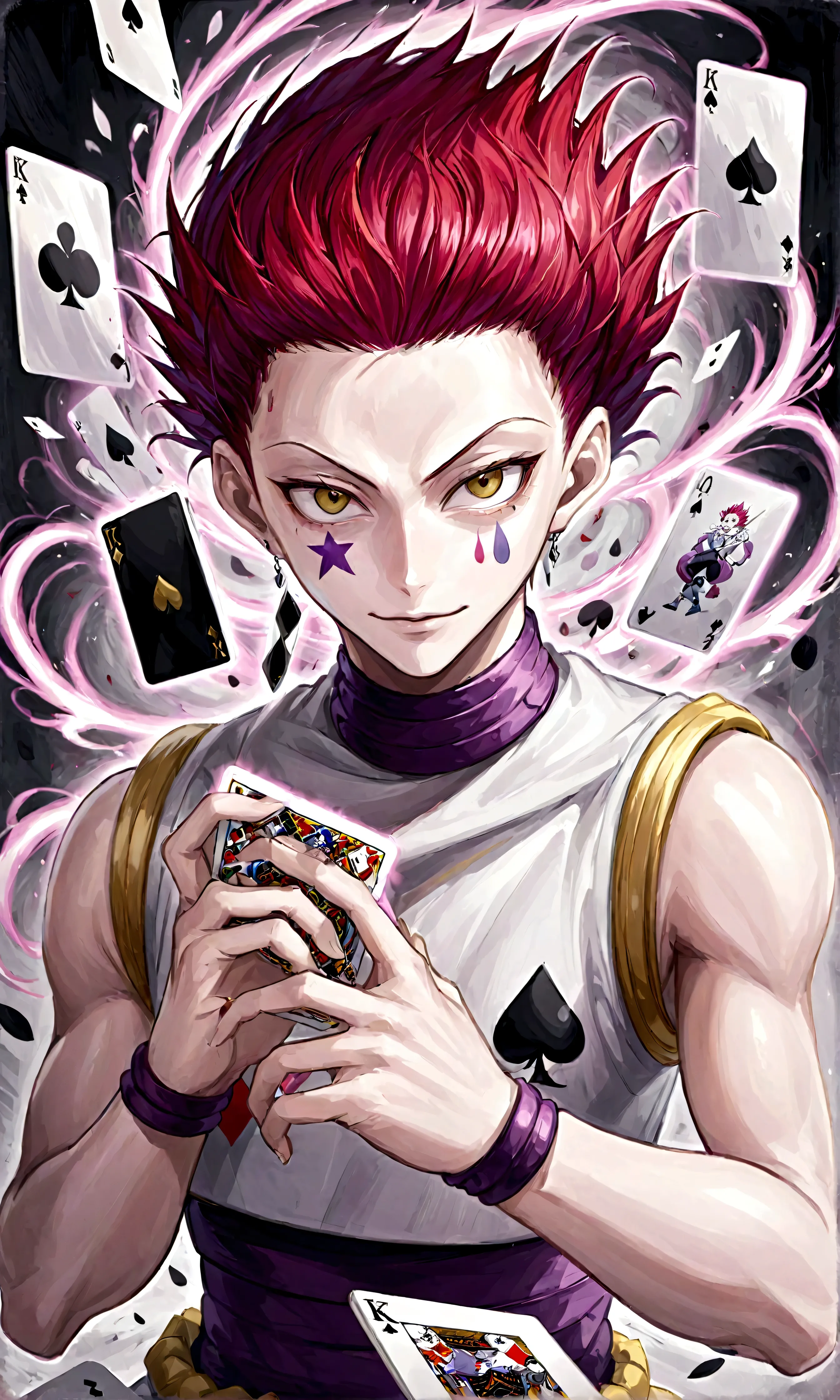 hisoka/(hunterxhunter/), face painting, playing cards around hisoka, (flying playing cards:1.1), swirling playing cards, looking...