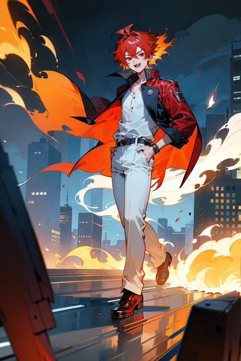 1male, flaming hair, red hair, red eyes, excited expression, wolf cut hair, black undershirt, red jacket, white pants, standing ...