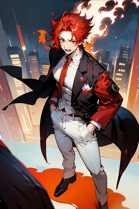 1male, flaming hair, red hair, red eyes, excited expression, wolf cut hair, black undershirt, red jacket, white pants, standing ...