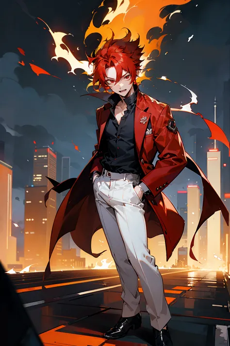 1male, flaming hair, red hair, red eyes, excited expression, wolf cut hair, black undershirt, red jacket, white pants, standing ...