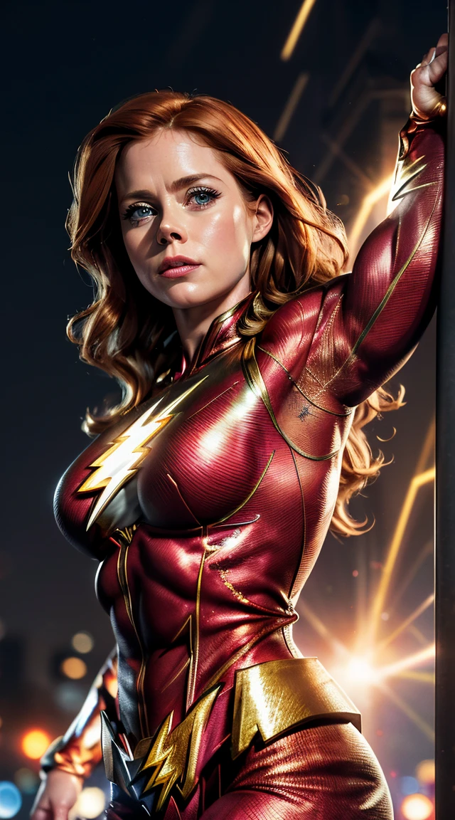 8k , Realistic , ((masterpiece:1.1)) , 35 years old , Amy Adams as The Flash Detail Costume , ((breasts:1.3)) , ((muscles:1.4)) , Armpits , Sweaty Body , Extremely Detailed , Chaos City Background , Look to Viewer , In Action , 2 Hand Hanging on an Iron Pole ,Amy Adams as The Flash , ((roundbokeh:1.2))