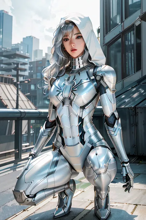RAW photo, photo-realistic, ((Roseann Park)) as Spider Gwen, (((robotic armor suit, articulated armor suit, metallic armor suit)...