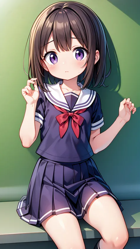 (High quality), (masterpiece), (very detailed), girl, (flat chest:1.6), short brown hair, purple eyes, shy face, primary school ...