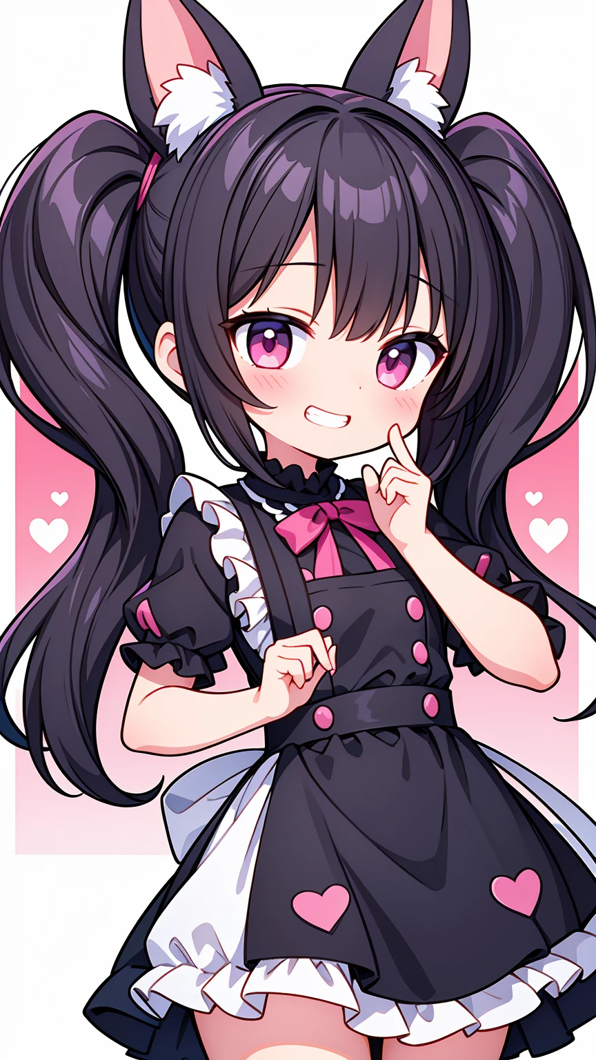 (8K, Highest image quality, highest quality, masterpiece), detailed face, (loli girl), (little loli curve) , black hair, short twintails, pink eyes, ((grin)), small breasts, naked apron, cowboy shot, put your hand on your mouth, kitchen background, ((very blushing)), ((detailed hands and fingers)), viewer perspective from below