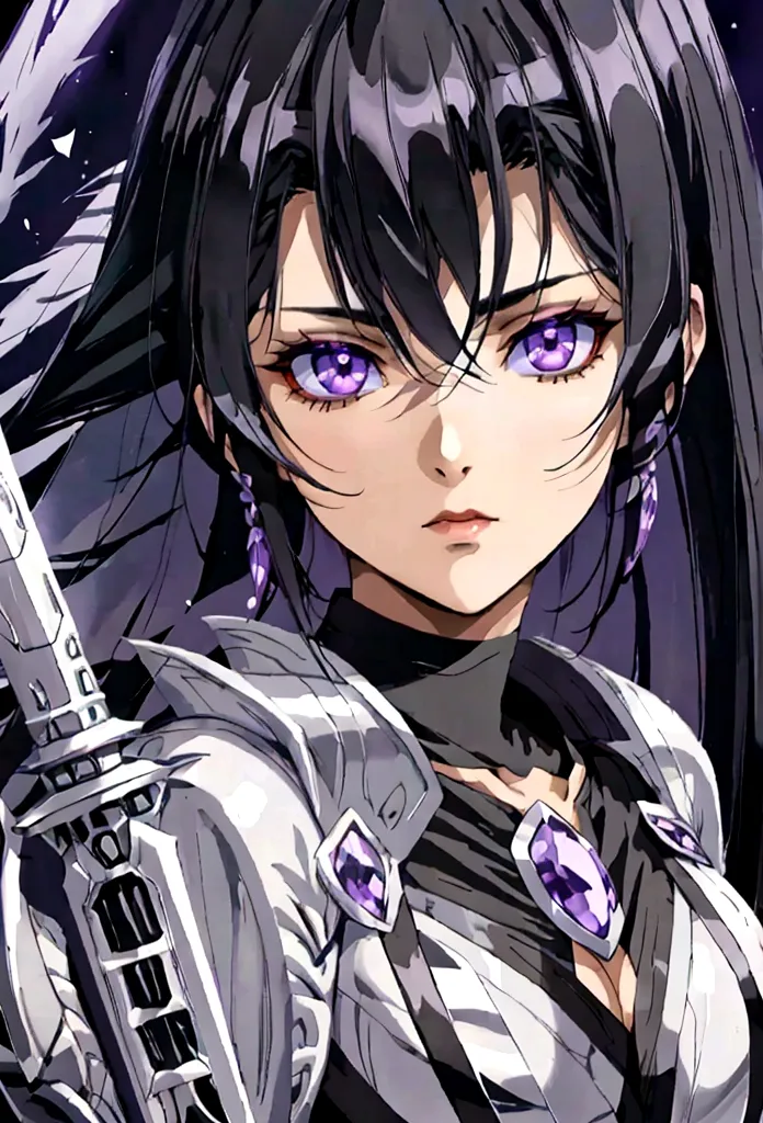 a woman with black hair and white streaks holding a large purple sword, detailed face and eyes, fantasy portrait, highly detaile...