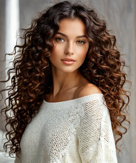 (fermer:1.3) photo of beautiful brunette lady in a white sweater with long curly hair, detailed skin, photo of shoulders and hea...