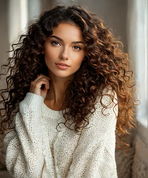 (fermer:1.3) photo of beautiful brunette lady in a white sweater with long curly hair, detailed skin, photo of shoulders and hea...