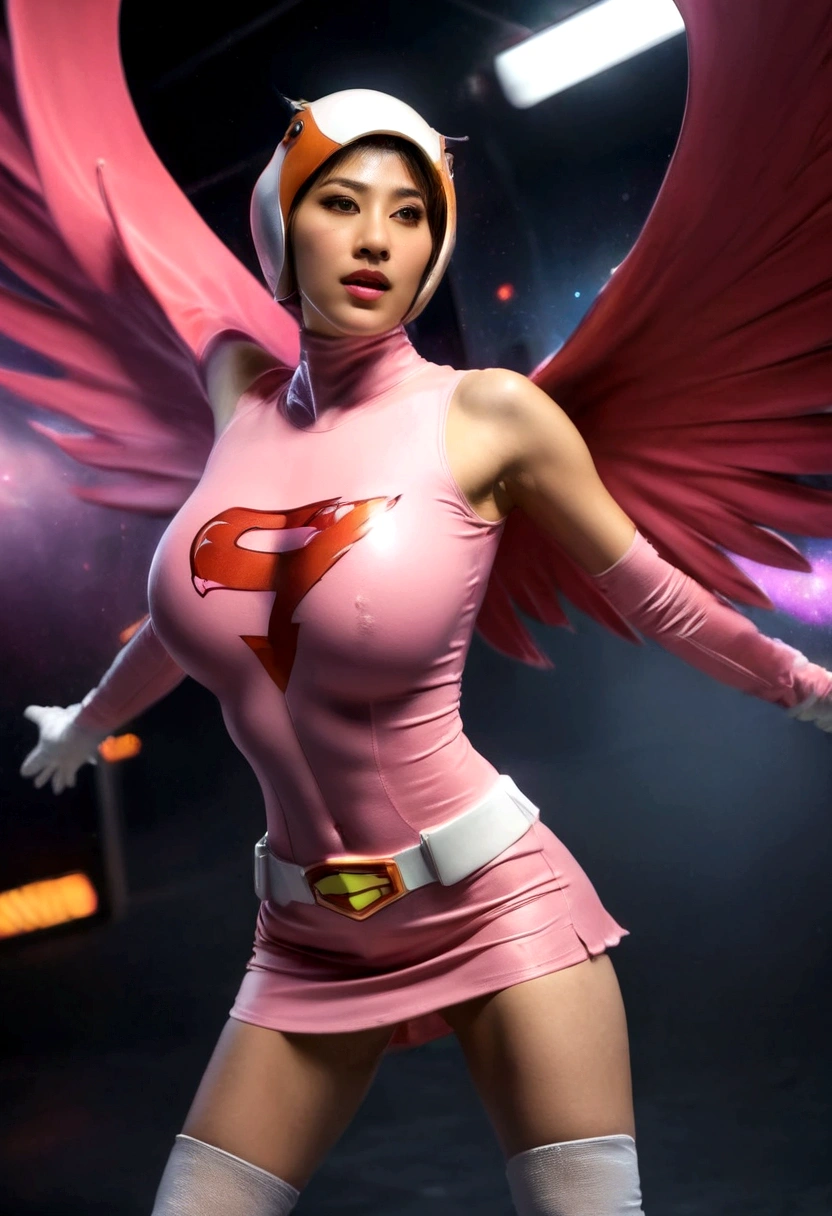 A girl in pink Gatchaman costume, miniskirt, long boots, long gloves, standing, one leg up, detailed face, H3JTS, giga_busty, best quality, 4k, 8k, highres, masterpiece:1.2, ultra-detailed, realistic, photorealistic, photo-realistic:1.37, HDR, UHD, studio lighting, ultra-fine painting, sharp focus, physically-based rendering, extreme detail description, professional, vivid colors, bokeh, concept art, dildointhong, from below