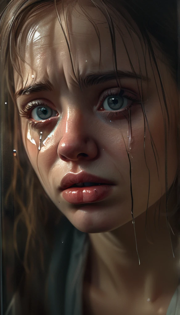 A crying girl wiping glass, beautiful detailed eyes, beautiful detailed lips, extremely detailed face and skin, longeyelashes, realistic, 1 girl, masterpiece, best quality, 8k resolution, photorealistic, portrait, cinematic lighting, dramatic chiaroscuro, moody atmosphere, emotional expression, introspective, melancholy, glass texture, reflections, warm color tones